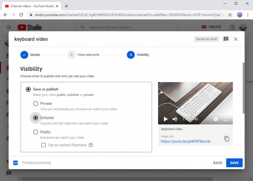 Choose “Unlisted” as your YouTube video’s visibility