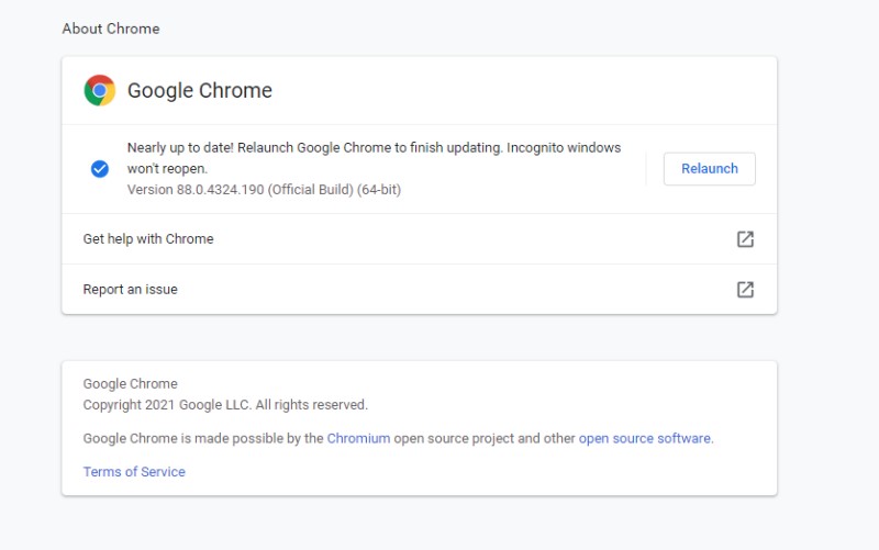 Alt + interfaz de configuración de actualización de Google Chrome