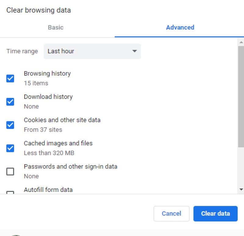 Alt + Google Chrome clear browsing data interface